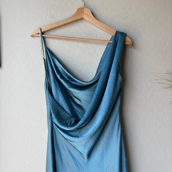 NEW Fame and Partners Carmen Blue Satin Cowl Neck Sleeveless Midi Dress 4 - Picture 7 of 11